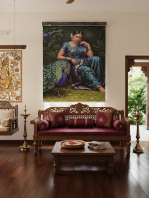 Lady with Peacock Roller Blinds With Pelmet