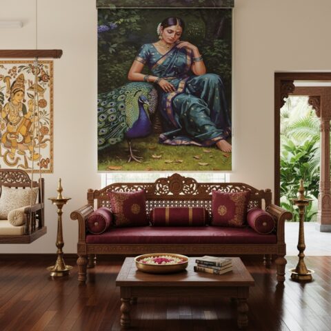 Lady with Peacock Roller Blinds With Pelmet