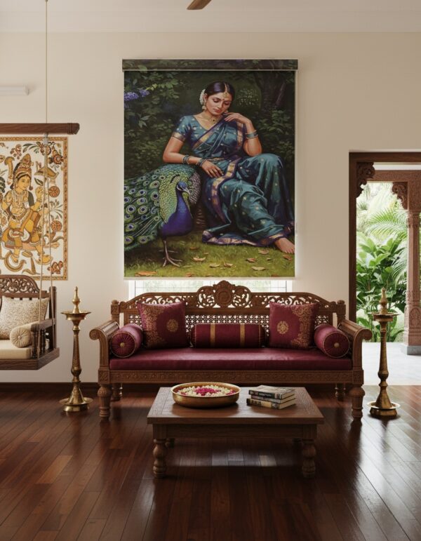 Lady with Peacock Roller Blinds With Pelmet